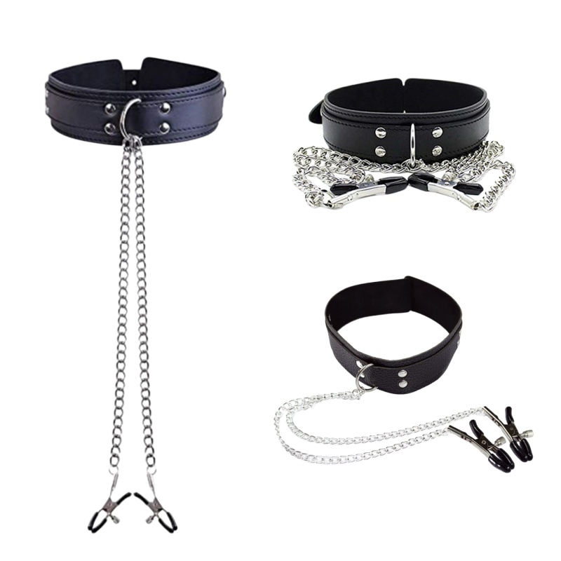 Leatherwork Clamp - ปลอกคอหนังสไตล์พังก์พร้อมโซ่หนีบหัวนม คลิปหนีบหน้าอก อุปกรณ์ BDSM SM สำหรับผู้หญิง