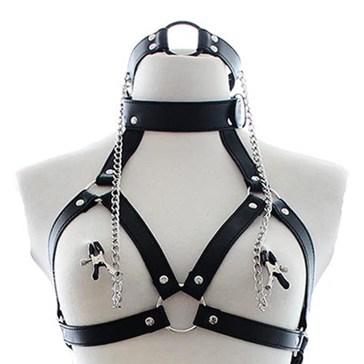Leatherwork Clamp - สร้อยรัดคอปกหนัง PU พร้อมที่หนีบหัวนมของเล่นสำหรับผู้หญิงสายรัดคอแบบปรับได้เซ็กซ์ทอยอีโรติกสำหรับคู่รัก