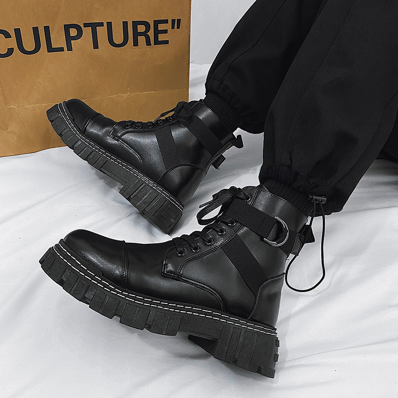 Leatherwork Clamp - รองเท้าบูทผู้ชาย 2025 รองเท้าผู้ชายใหม่ หนังสีดำ หุ้มข้อสูง สไตล์อังกฤษ
